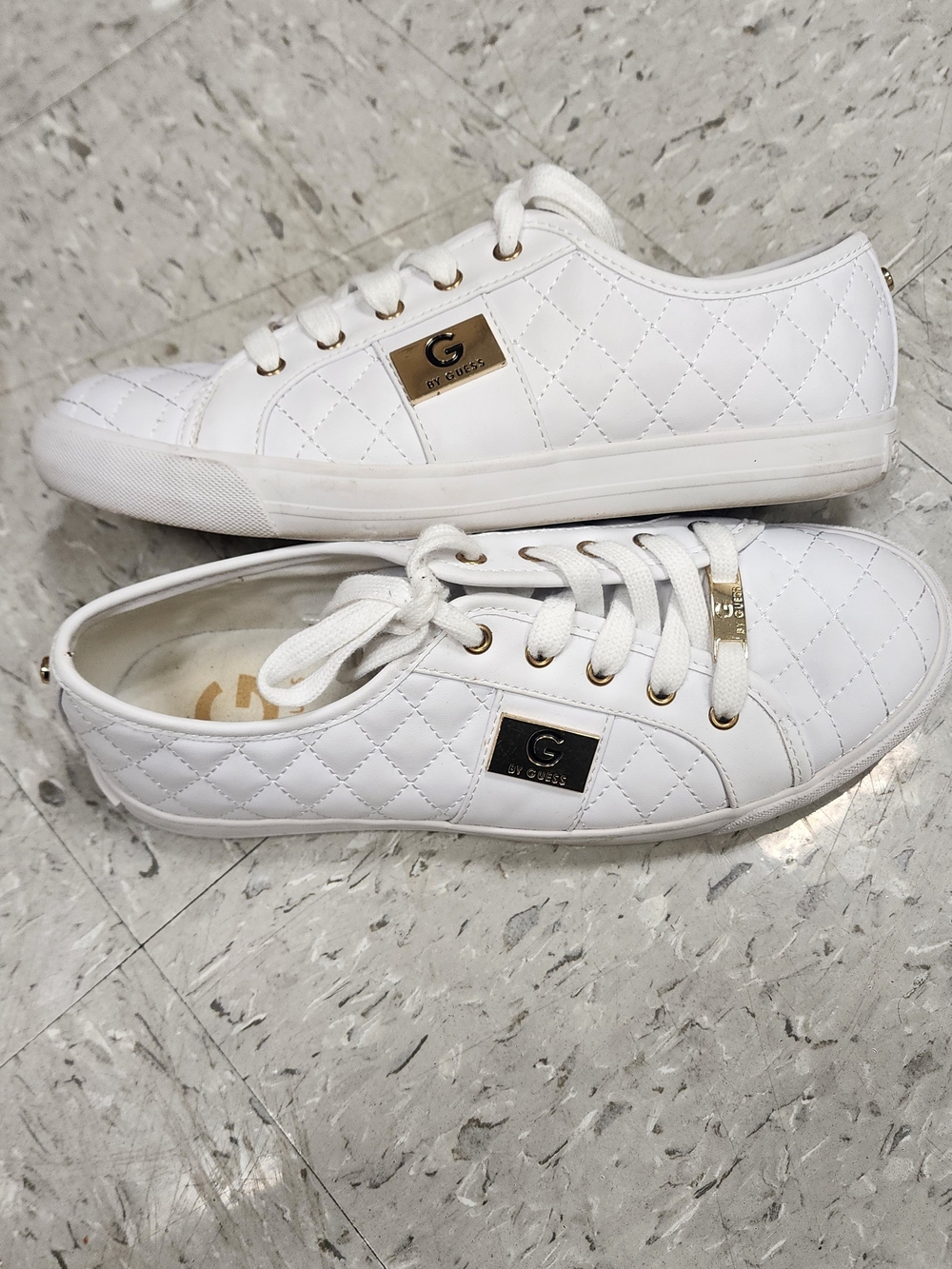 GUESS Quilted Lace-Up Sneakers Gold Accents in White